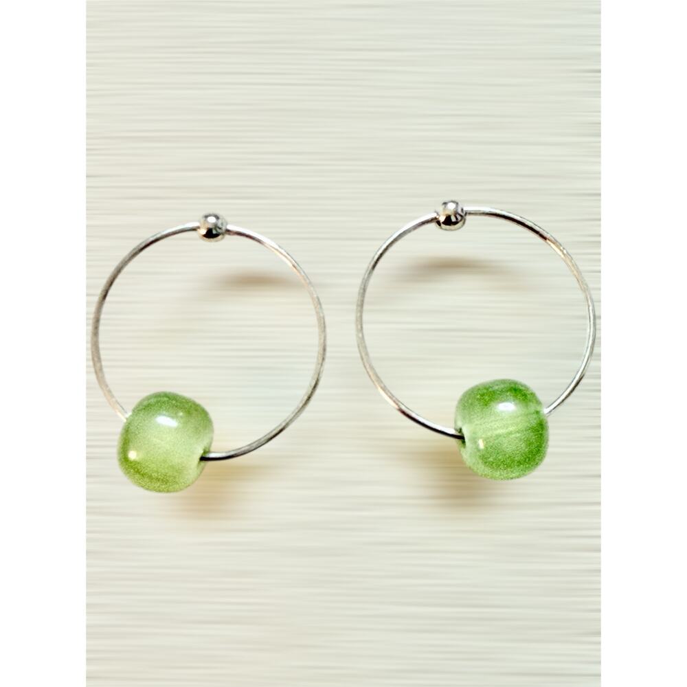 Green Jade-Style Bead Silver Color 20MM Hoop Fashion Drop Earrings